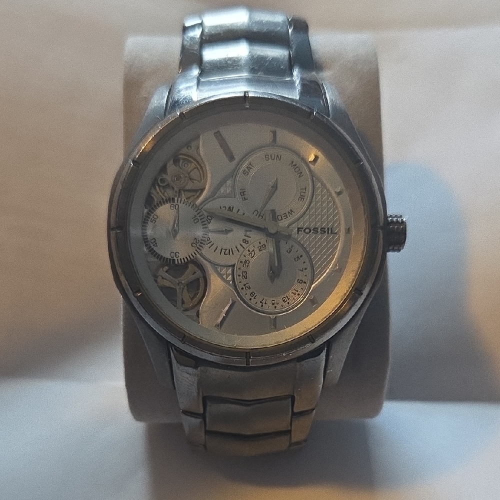 Fossil Silver Skeleton Dial Watch